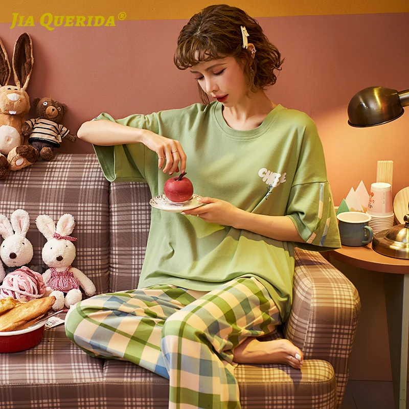 Spring Crew Neck Plus Size Woman Clothes Pajamas for Women Pjs Women Sleepwear Short Sleeve Plaid Pants Homesuit Homeclothes