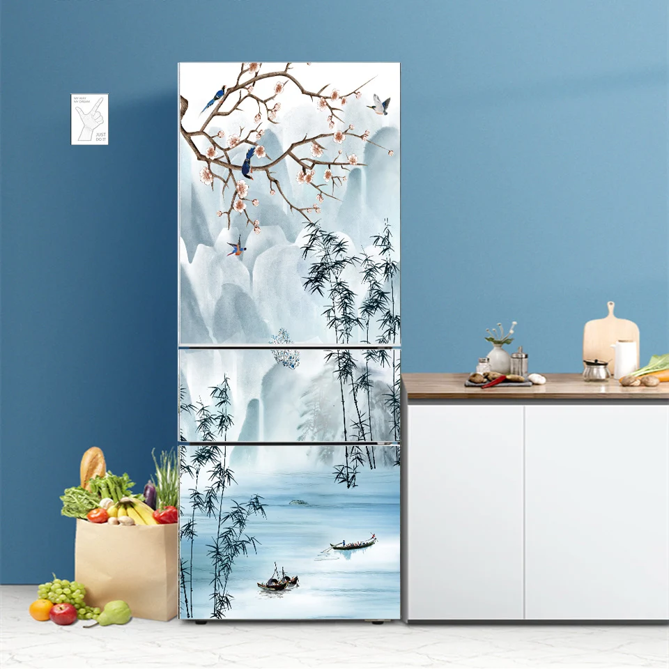 Self Adhesive Vinyl Refrigerator Wrap Set Green Golden Tropical Leaves a  Black Door Mural Removable Fridge Sticker Peel and Stick Full Door Cover