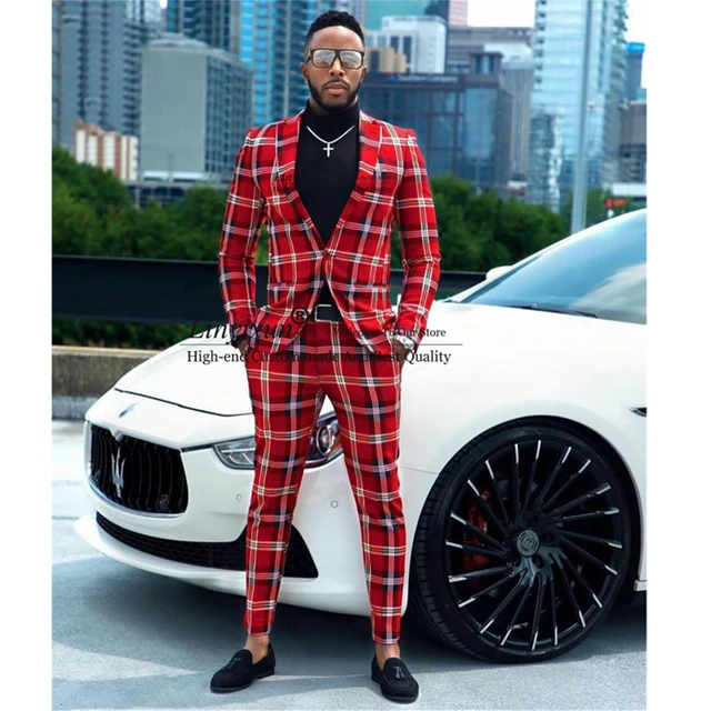 Red Men's Suit Plaid Blazer  Men's Clothing Plaid Suit - Fashion