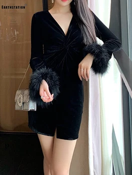 

Pure color V-neck Twisted cross-shaped waist long sleeves stitching feather velvet dress Ladies' autumn new style Hip