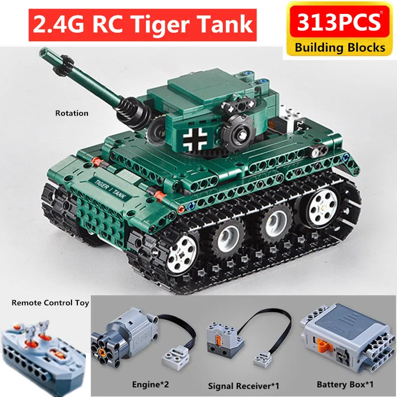 

313PCS DIY Assembly army remote control tiger tank Rotation Shoot building block toy RC Military Bricks toy boy Kid Gift rc Tank