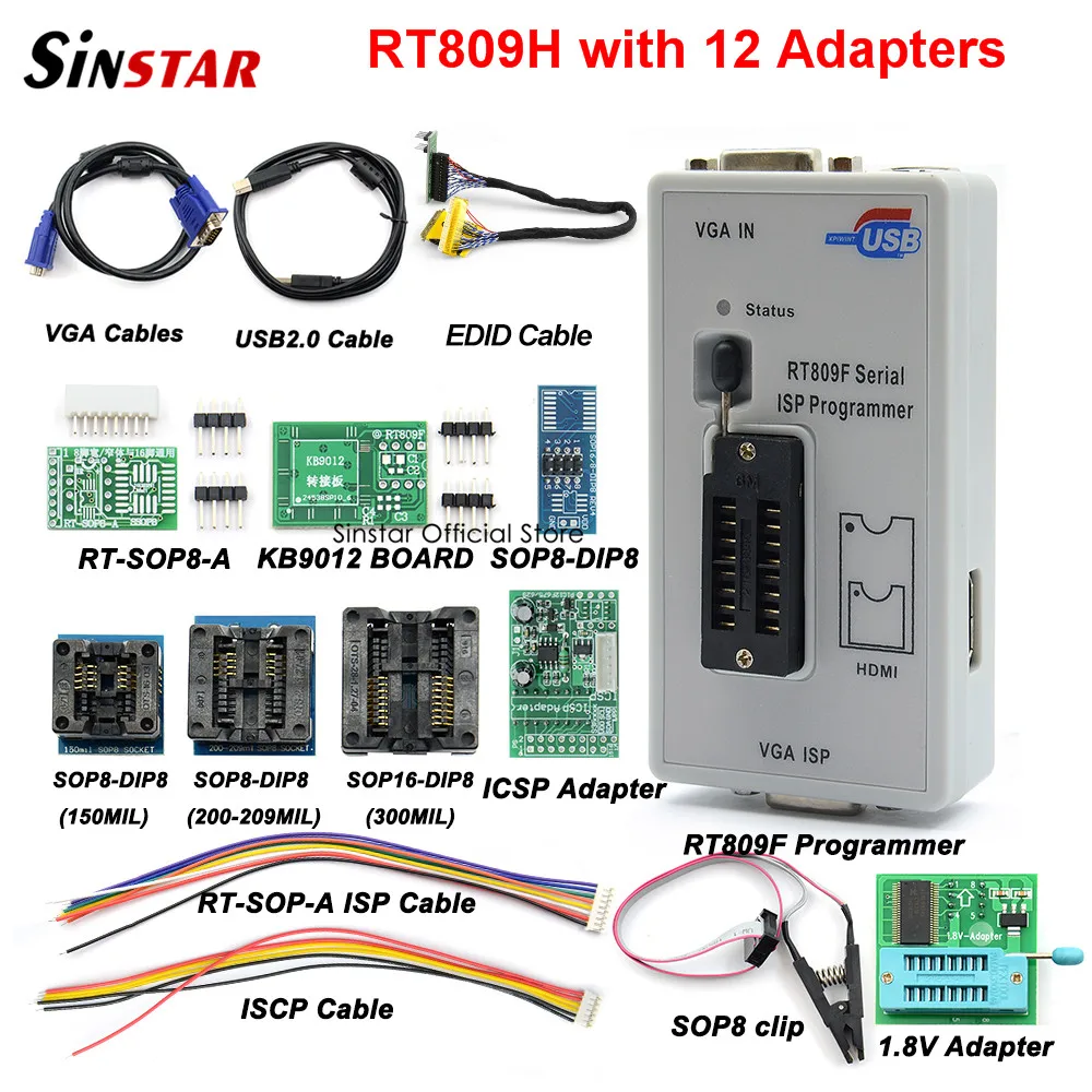 RT809F Serial ISP Programmer with 12 adapters, 1.8v adapter, SOP8 test clip and EDID cable
