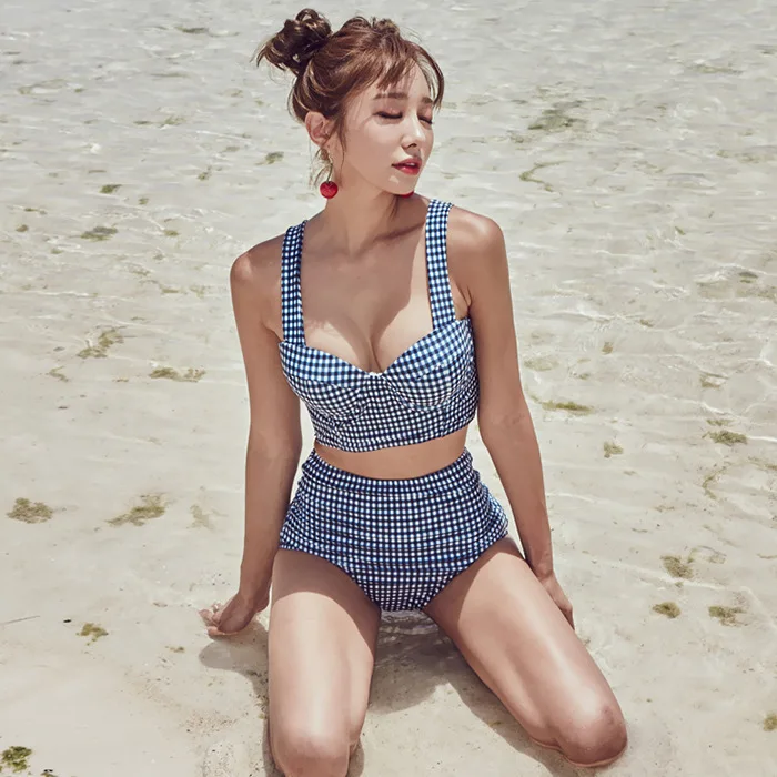 

Korean-style Retro Lace-up Bow Bathing Suit Cute High-waisted Small Bust Gathering Underwire Bikini Split Type Sexy Swimwear