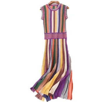 

2020 summer new colorful striped knitted dress women sleeveless high waist slim pleated dress