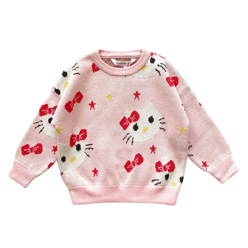 Tonytaobaby/осенне-зимний свитер для девочек; милый розовый вязаный свитер из чистого хлопка с круглым вырезом и рисунком кота; свитера для девочек