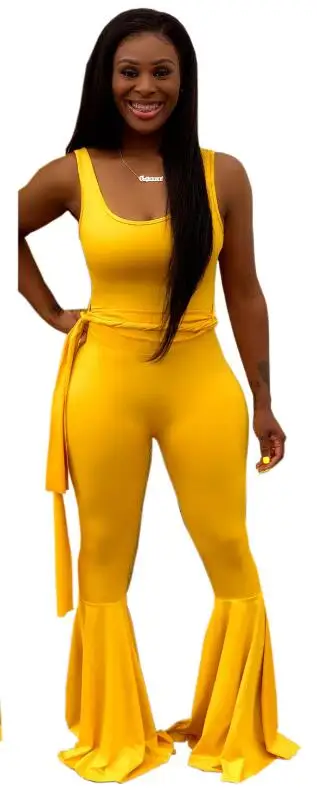 New Summer Women Bodycon Flare Jumpsuits Strap Plus Size Solid Blue Red Sashes Bandage Casual Streetwear Club Romper - Цвет: Цвет: желтый