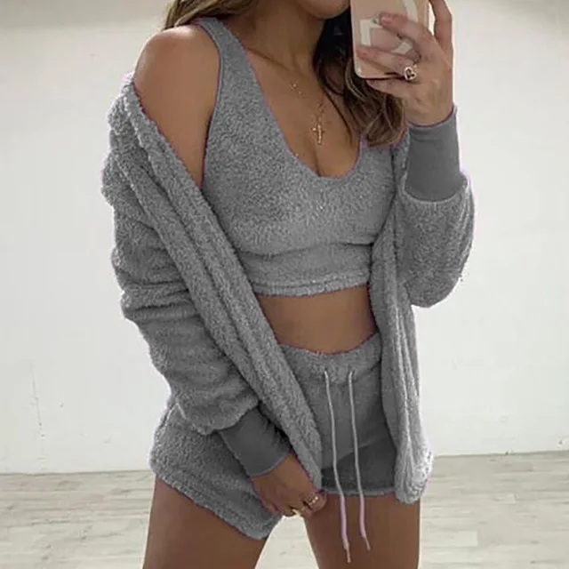 Three Piece Sexy Fluffy Outfits Plush Velvet Hooded Cardigan Coat+Shorts+Crop Top Women Tracksuit Sets Casual Sports Sweatshirt plus size jogger set