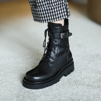 

100% cow leather Women Ankle Boots Lace Up Autumn Winter buckle Boots Platforms Comfort Casual Shoes Woman Ladies Boots