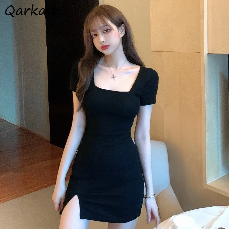 

Short Sleeve Dress Women Square Collar Mini Bodycon Party Solid Simple Ulzzang Stylish Leisure Female Popular Soft Summer New