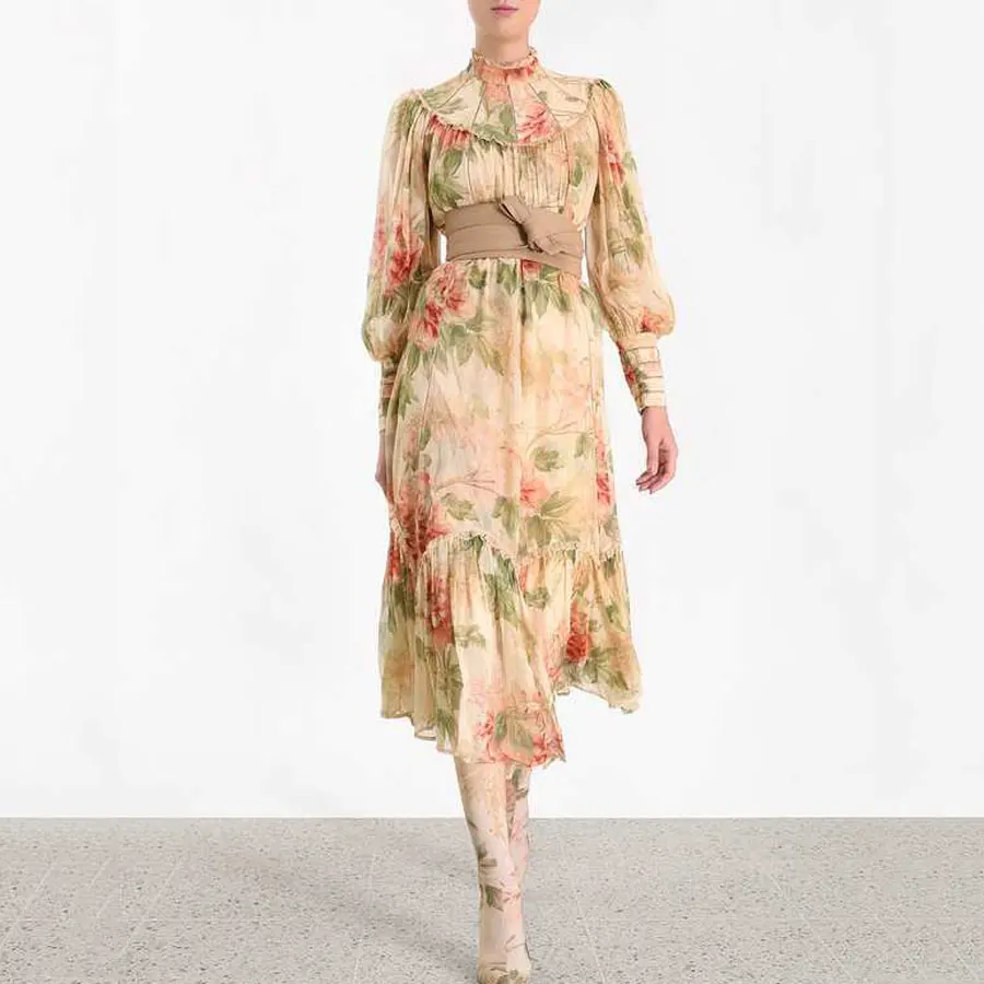 

2019 Newest Autumn Vintage Long Dress Flower Printed Stand Collar Party Dress for Women Hollow Out Slim Women Dress Vestidos