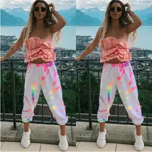 New Fashion Women Trousers Reflective Joggers Sports Casual Baggy Leggings Elastic High Waist Plain Solid Harem Long Pants