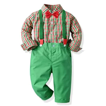 

Christmas Boy Clothing Set Dress Suit Gentleman Plaid Shirt with Bow tie + Green Pants Party Handsome Kid Clothing Boys Clothes