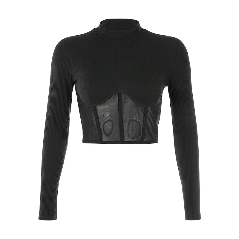 Rapwriter Casual Stand Collar Long Sleeve Mesh Patchwork Sexy T-Shirt Women Harajuku Transparent Crop Tops Tees Party Club - Цвет: Black T-Shirt