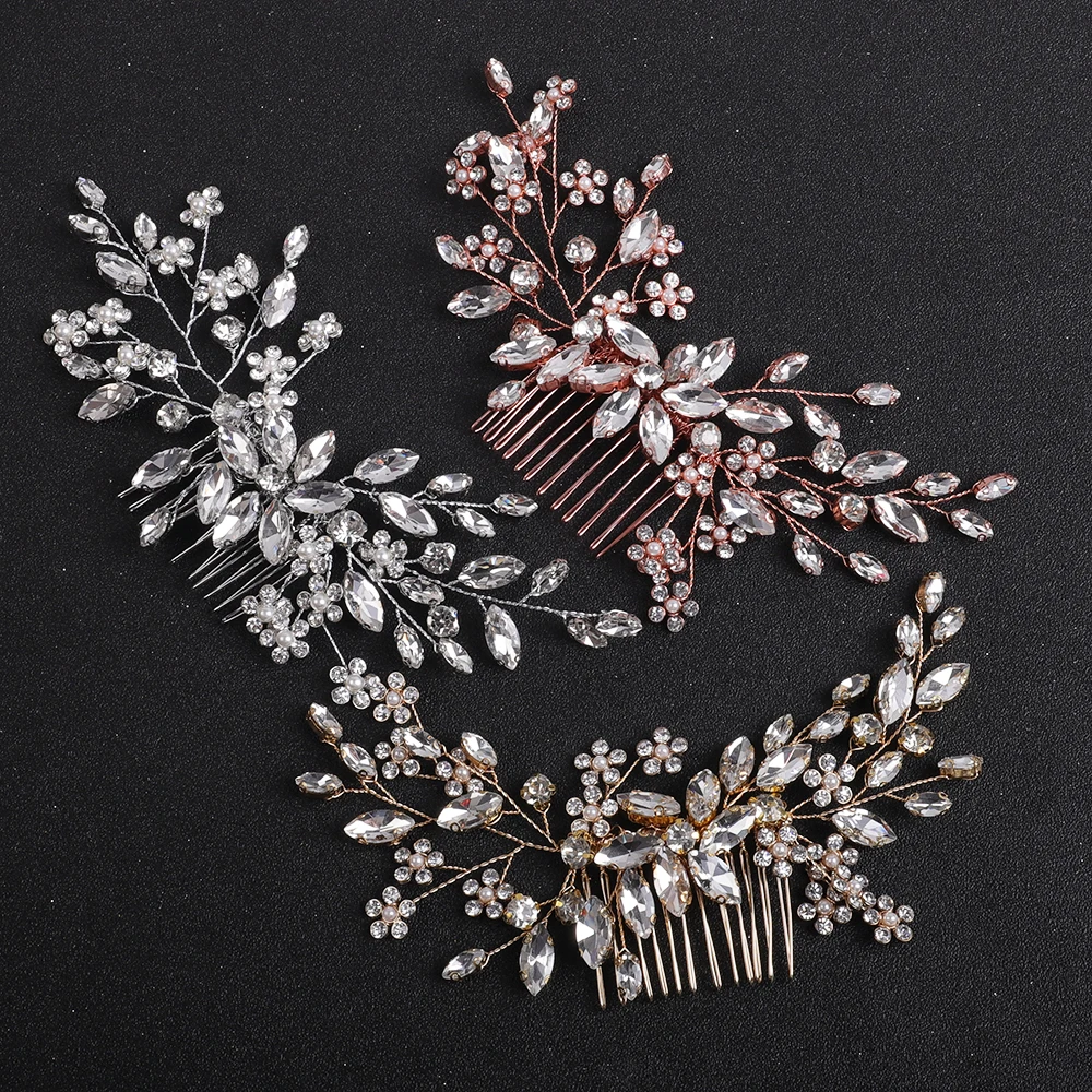 Silver Rose gold Rhinestone Hair Comb Hair Accessories For Women Wedding Accessories Party Flower Head Jewelry Bridal Headwear