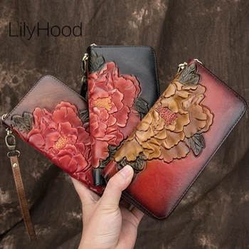 

Embossed Floral Brushed Cow Leather Wallet Women Genuine Leather Cowhide Leather Money Clips Purse Female Vintage Purse Gift