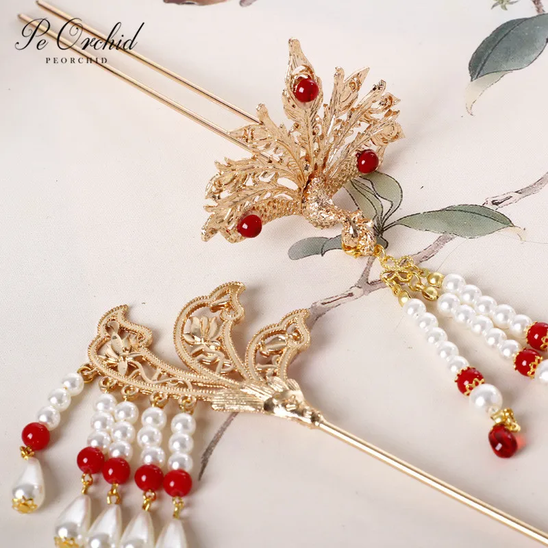 PEORCHID Ancient Hanfu Hairpin Phoenix Chinese Fairy Headpiece Vintage Crown Wedding Party Hair Jewelry Acessorios De Noiva