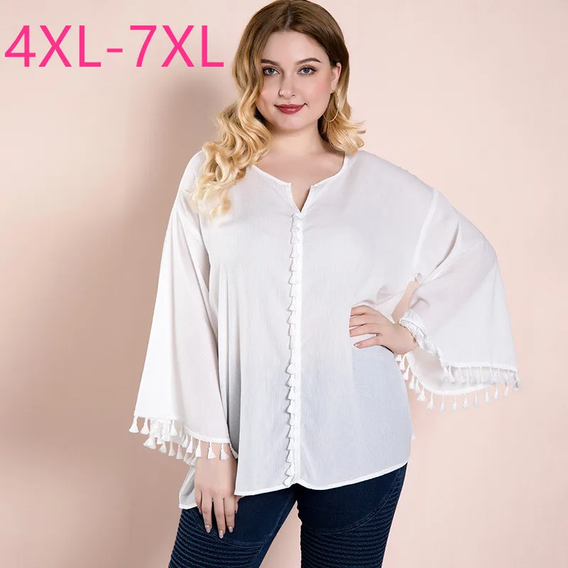 

New 2021 spring summer plus size tops for women large blouse loose casual bell sleeve white tassels V-neck shirt 4XL 5XL 6XL 7XL