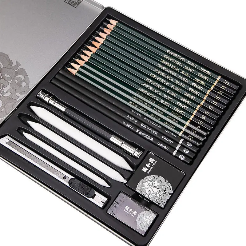 Deli 22pcs/lot Summer Palace Sketch Pencil Charcoal Set Student Painting Drawing Tools Professional Art Supplies Stationery Set