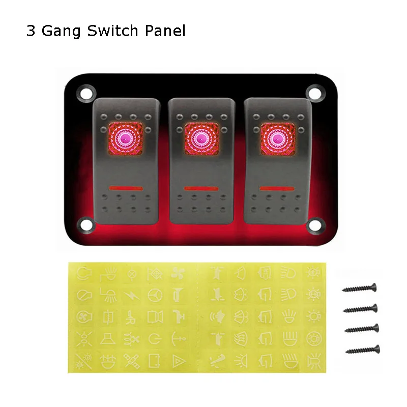 Панель переключателя включения-выключения с наклейками, водонепроницаемый светодиодный переключатель для автомобиля, лодки, грузовика, кемпера, аксессуары - Цвет: Red Switch 3 Gang
