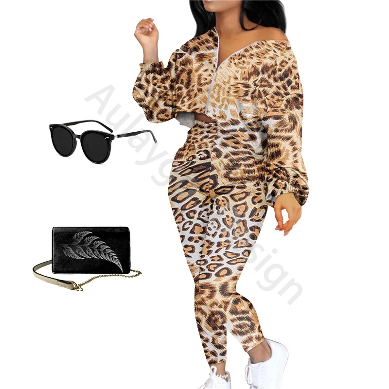 

Cool Leopard Print Two Piece Set Top And Pants Long Sleeve Zipper Coat And Pant Two Twin Style 2 Piece Outfits Ensemble Femme