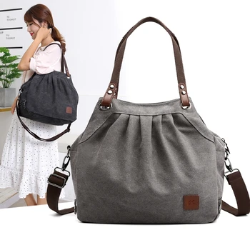 

SUNNY SHOP Women Canvas Handbags High Quality Female Hobo Single Shoulder Bags Vintage Solid Multi-pocket Ladies Totes Large