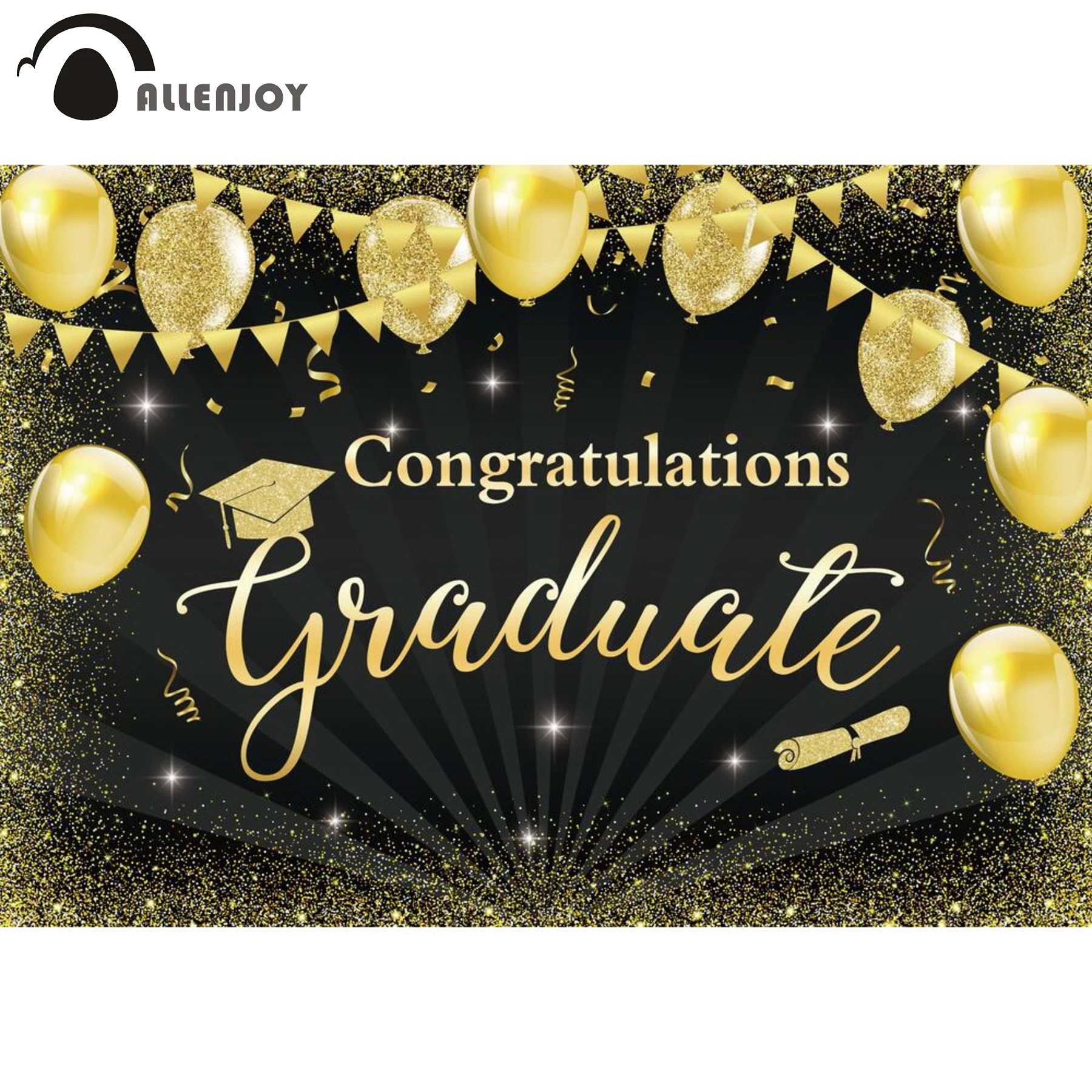 Allenjoy Congratulaton大学院パーティー背景ゴールデンフラグ風船cconfettiブラックグリッターphotophone卒業壁紙 背景 Aliexpress