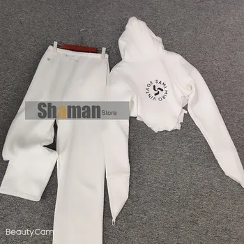 

2 piece set women Irregular Cut Decorative Pin Long Sleeve cropped Hooded sweatshirt + High Waist Sweatpants Casual Sports Suit