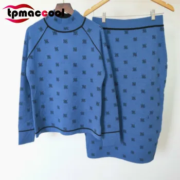 

Tpmaccool luxury designer wool blends 2 Piece Set women letter Jacquard Knit long sleeve sweater Tops + Skirt two piece outfits