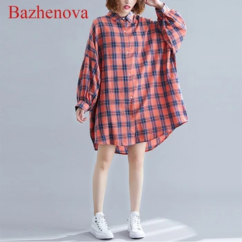 

Bazhenova Girls Loose Plaid Blouse Women Large Size Shits Woman Autumn All-match New Literature And Art Shirt Girl Tops R131