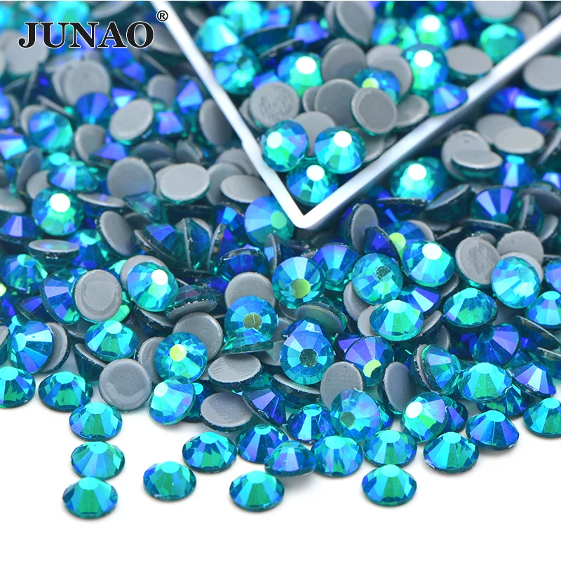 

JUNAO SS6 8 10 12 16 20 30 Blue Zircon AB Hotfix Crystal Rhinestones Hot Fix Glass Strass Iron On Transfer Crystal Stones Crafts