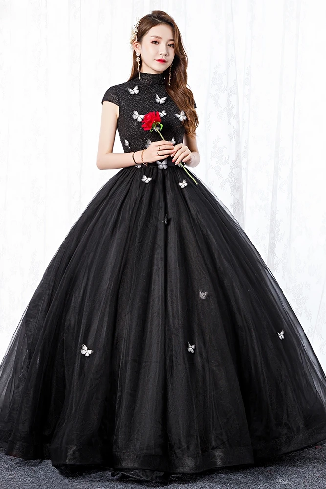 Сладкий 16 лет Черные Бальные платья Vestido де дебютантка 15 anos бальное платье Высокий ворот, прозрачное кружевное платье для выпускного вечера для вечерние
