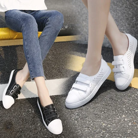 

Velcro Shoes White Women's Large Size 2018 New Style Hollow out Flat Top Shoes Punching Students Versatile Casual Small Shoes
