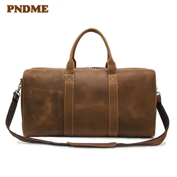 

Vintage genuine leather large-capacity men's travel bag high quality crazy horse cowhide brown handbag simple weekend duffel bag