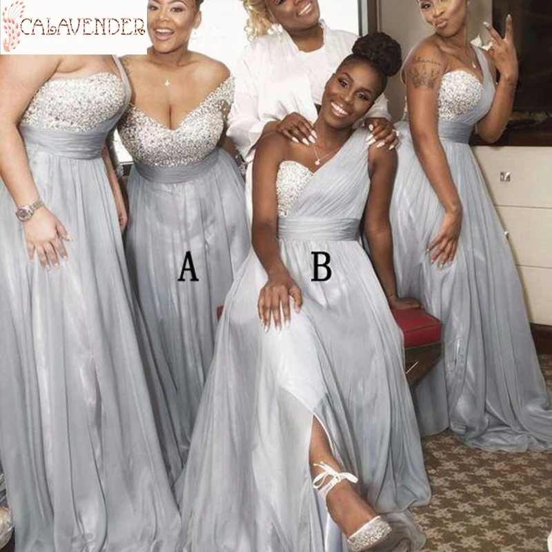 Bridesmaid Dresses 2020 Silver Arabic One Shoulder Beaded Sequins Sexy Modest Junior Maid Of Honor Dress Wedding Party Dress