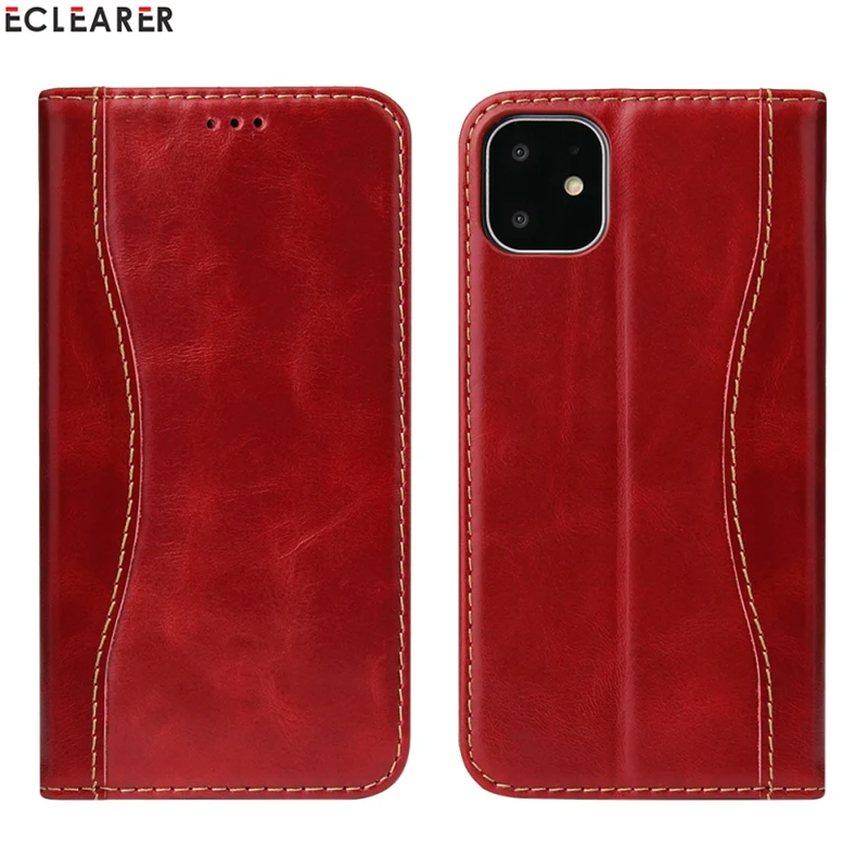 Vintage Genuine Leather Case For iPhone 11/ Pro/ Max Luxury Wallet Case Card Slots Stand Holder Magnetic Flip Cover For iPhone11 - Цвет: Красный