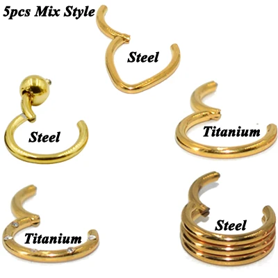 5PCS Gold 5 шт. титановая и хирургическая сталь Смешанный Стиль Шарнирный сегмент кольцо пирсинг для носовой перегородки серьга для пирсинга ушной хрящ Daith серьги-улитки - Окраска металла: 5PCS Gold