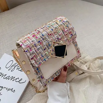 

2019 Winter New Square Crossbody bag Quality Woolen Contrast color Women's Designer Handbag Lock Chain Shoulder Messenger Bag