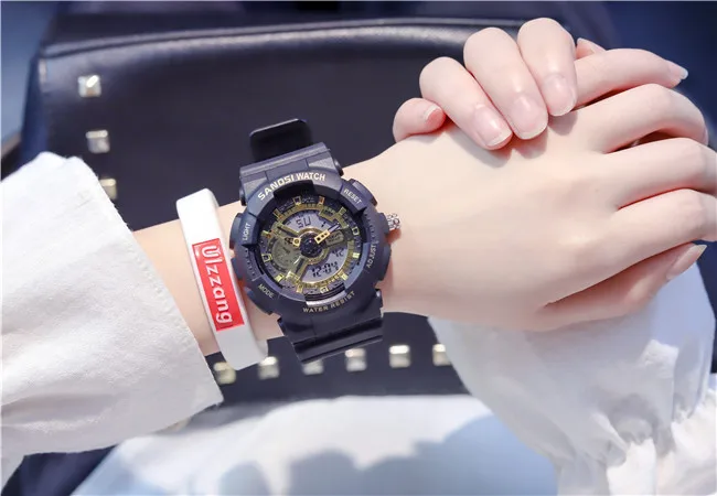 Часы, в студенческом стиле; Ins Лидер продаж Корейская версия простой тренд шок Мода Водонепроницаемый для активного отдыха и развлечений, электронные часы, часы, наручные часы с механизмом - Color: black gold