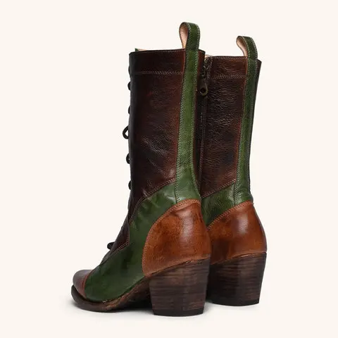 Litthing Lace-up 2019 New Genuine Leather High Boots For Women Autumn Ladies Shoes Woman Color Matching Mid-calf Booties