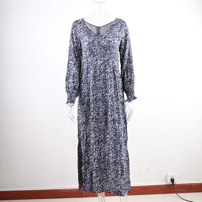 Nadafair פנס בציר שרוול חופשת Boho שמלת ארוך V צוואר אונליין גבוה מותן אלגנטי רטרו פרחוני מקסי שמלת נשים Vestidos