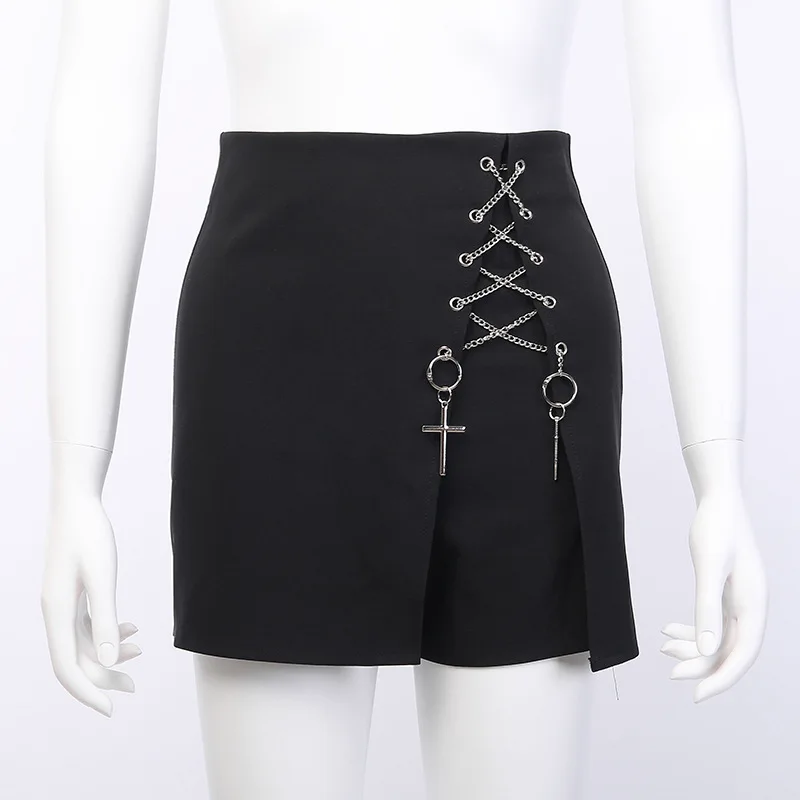 Black Dark Goth Woman Shorts Skirts Punk Irregular Culottes Gothic Cool 2020 Zipper Eyelet Metal Cross Decoration Fake Two Piece