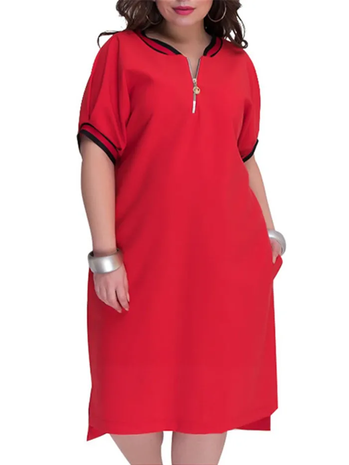 5XL 6XL размера плюс прямые женские платья с круглым вырезом на молнии большого размера летние повседневные свободные однотонные платья красного цвета Vestidos