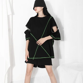 

LANMREM Design 2020 summer fashion round neck zippers striped pullover loose big size T-shirt female top WN31501M