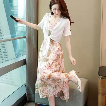 

2020 New Women Thin Chiffon Short White Coat +Sexy Maxi Floral Printed Strap Dress 2 Piece Set Female Loose Sleeveless Suit H126