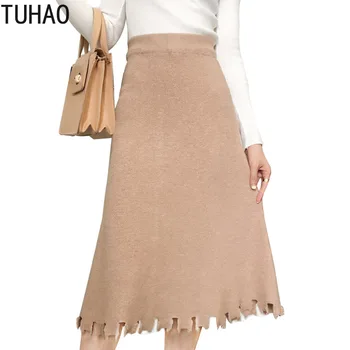 

TUHAO Knitted Skirt for Woman 2019 Autumn Elastic Waist Knit Half-length Skirt Long Woolen Skirts Tassel Mid-Calf Clothing LZ16
