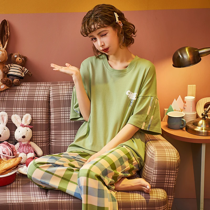 Melifle verão moda verde pijamas de seda define para mulher 100% algodão pjs cetim macio pijamas atoff casa kawaii lounge nightwear