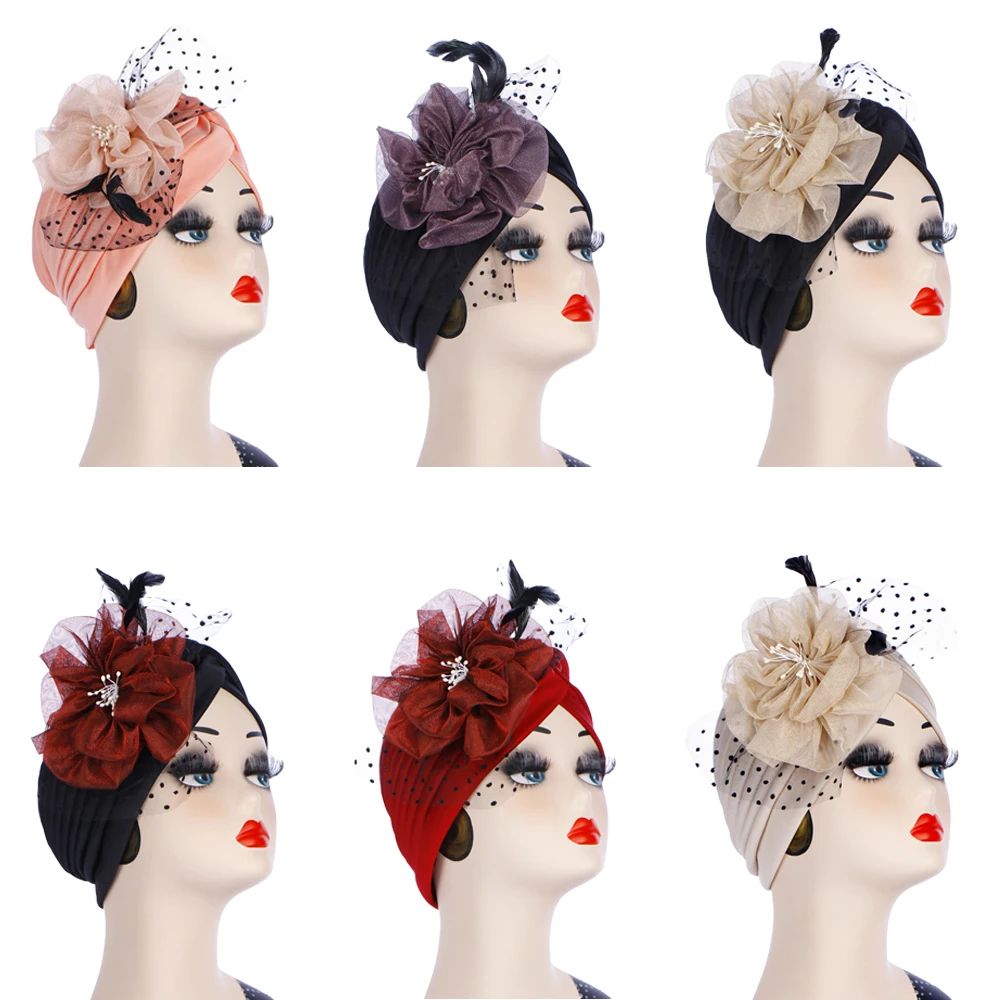 Big Flower Muslim Women Indain Hat Scarf Caps Chemo Turban Islamic Head Cover Party Evening Bonnet Pleated Vintage Elegant Hat 2