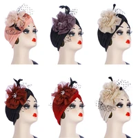Big Flower Muslim Women Indain Hat Scarf Caps Chemo Turban Islamic Head Cover Party Evening Bonnet Pleated Vintage Elegant Hat 2