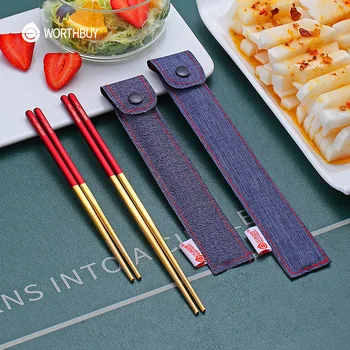 WORTHBUY Chinese Portable Travel Chopsticks 18/8 Stainless Steel Chopsticks Non-Slip Reusable Food Sticks With Bag Sushi Hashi