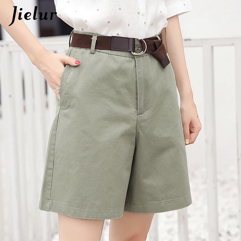 Jielur Korean Fashion Casual Summer Shorts Women Loose Wide Leg Pantalon Femme Belt Green White High Waist Shorts Female S-XXL